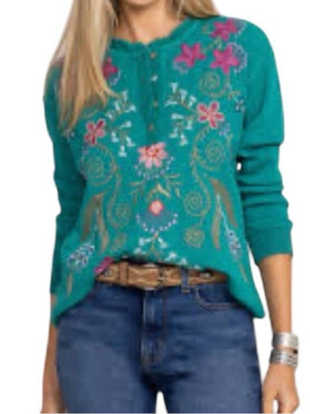 Johnny Was Teal Floral Embroidered Crewneck Sweater
